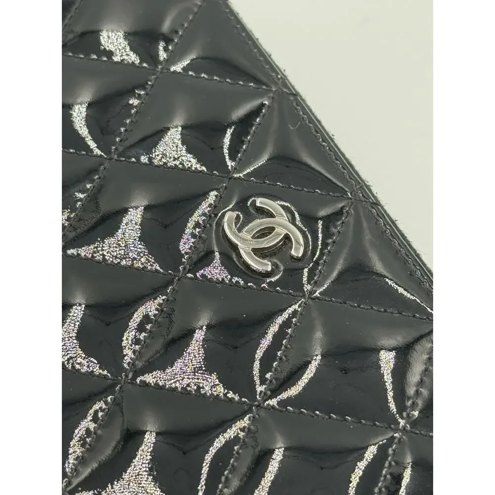 CHANEL Brilliant Patent Leather Zip Around Long Wallet Black Quilted CC Silver